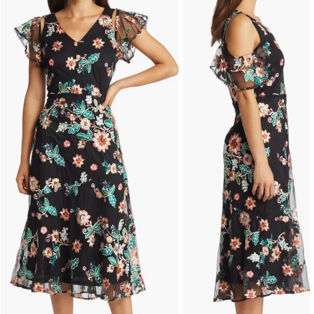 Broken Floral Embroidered A-Line Midi Dress